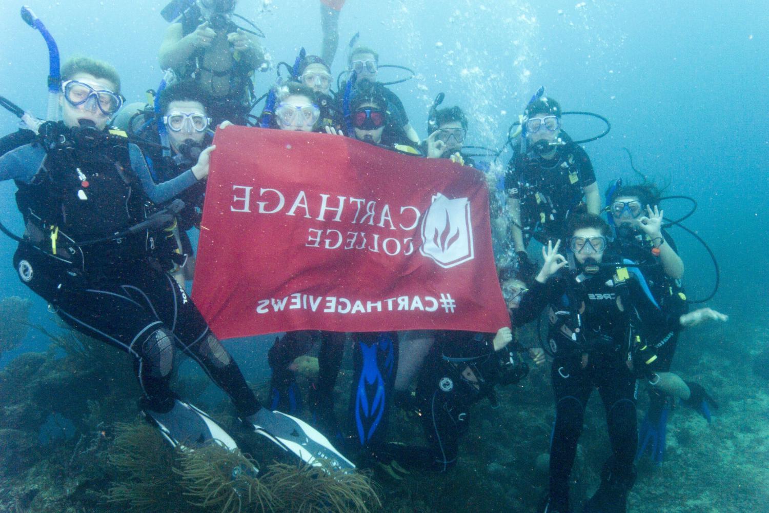 学生们手持<a href='http://tljx.ngskmc-eis.net'>bv伟德ios下载</a>旗帜，在j学期洪都拉斯游学之旅中潜水.